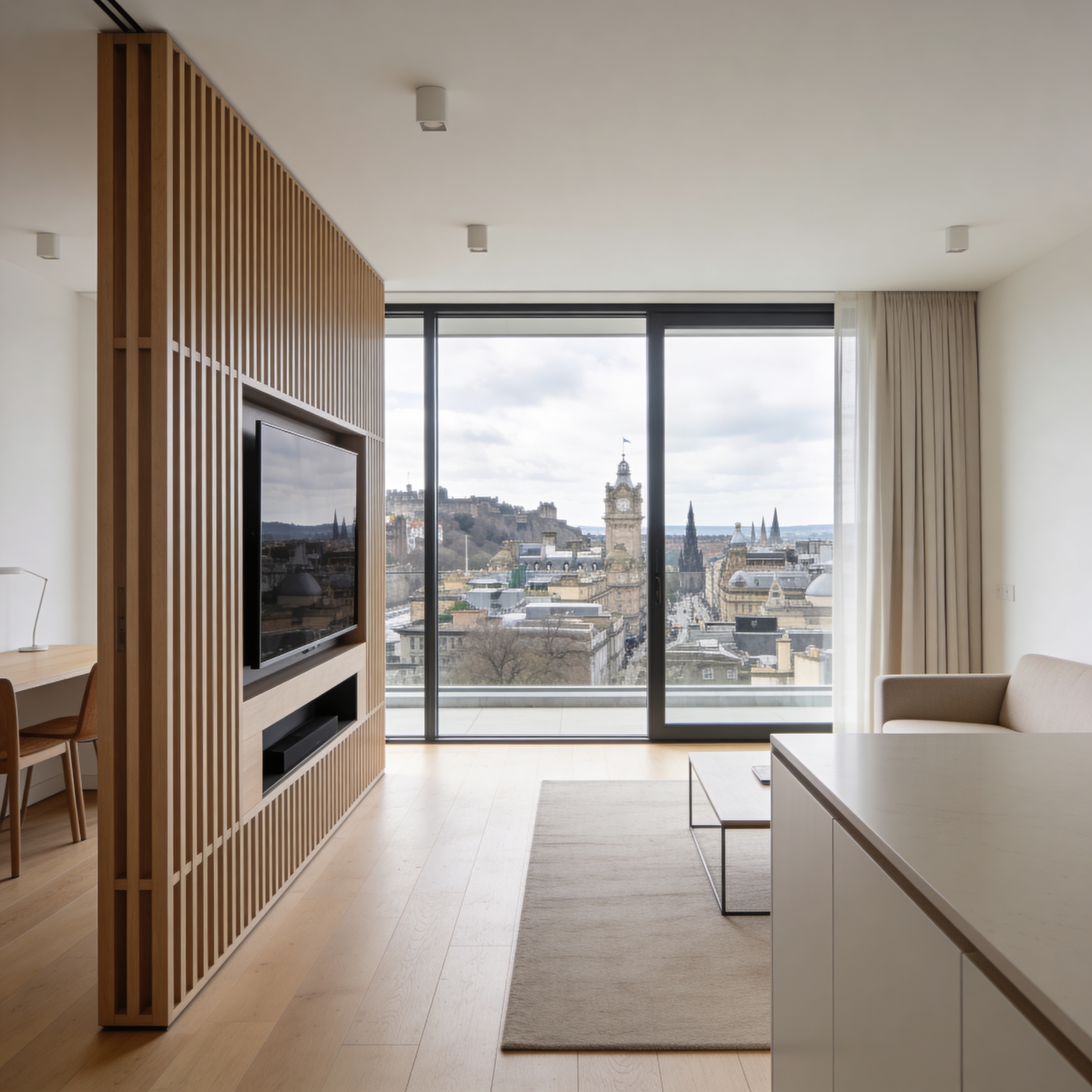 Electric fireplace media wall with integrated storage in Portobello, Edinburgh