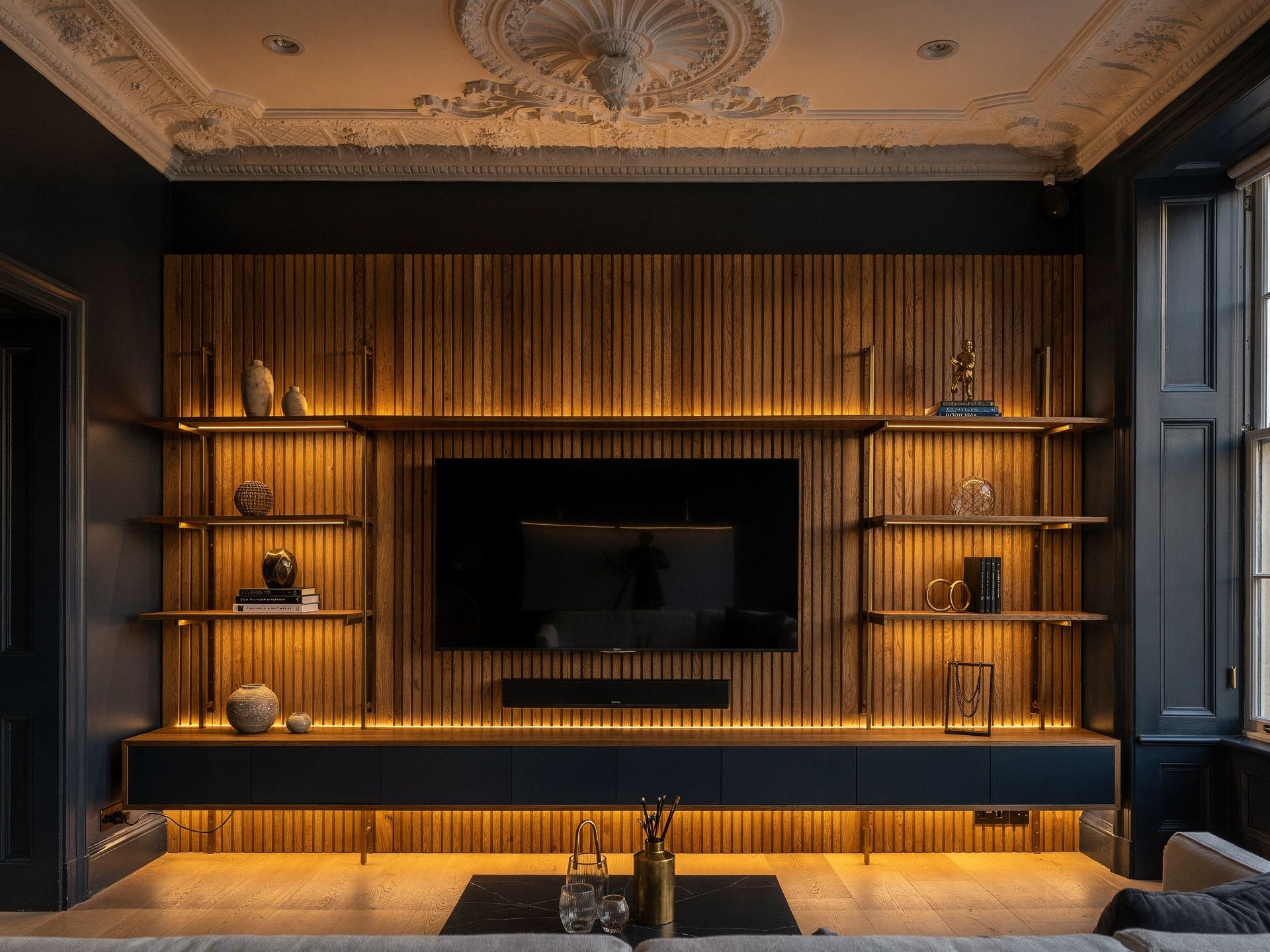 Full-wall statement media wall design in Trinity, Edinburgh