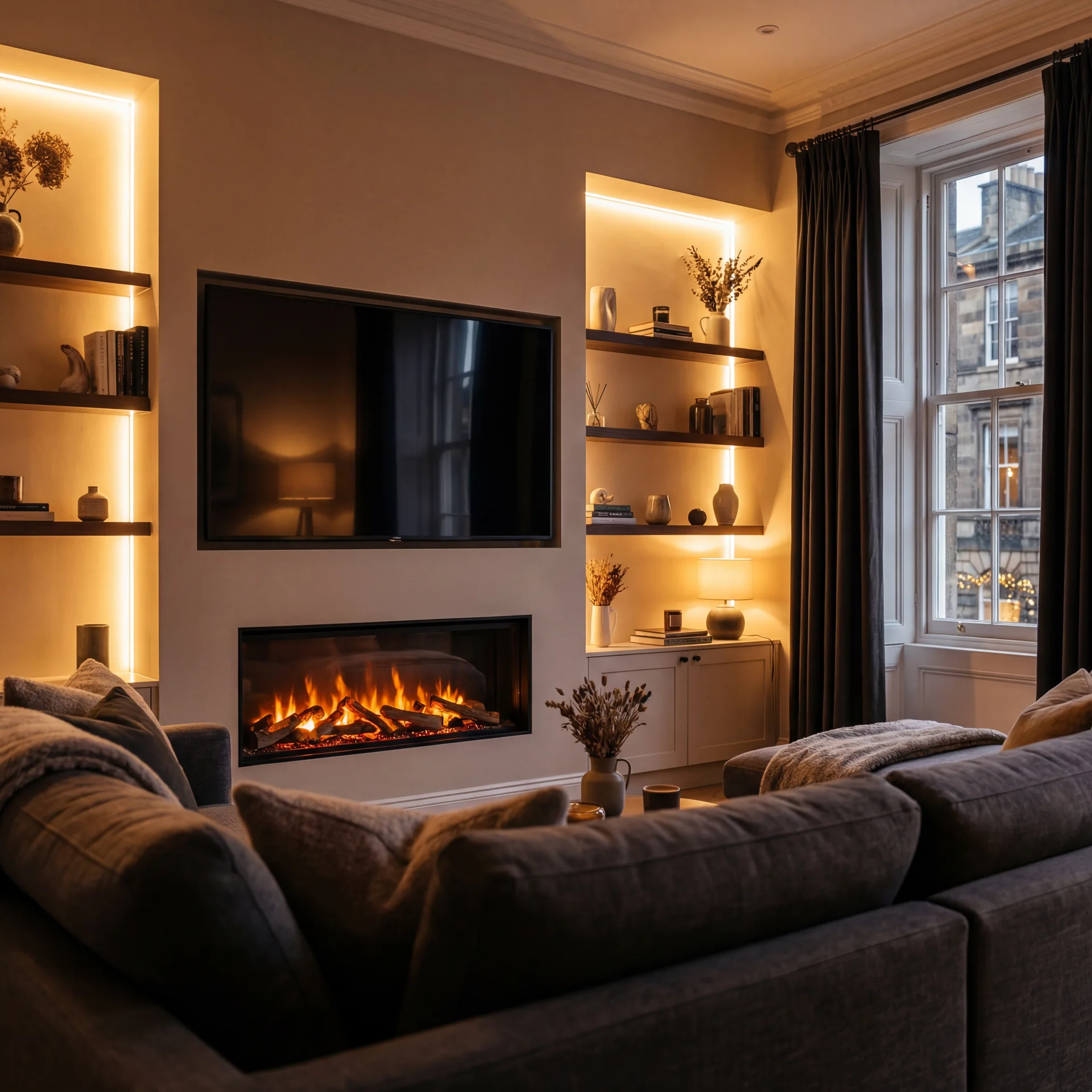 Floor-to-ceiling statement media wall with oak accents in Newington, Edinburgh