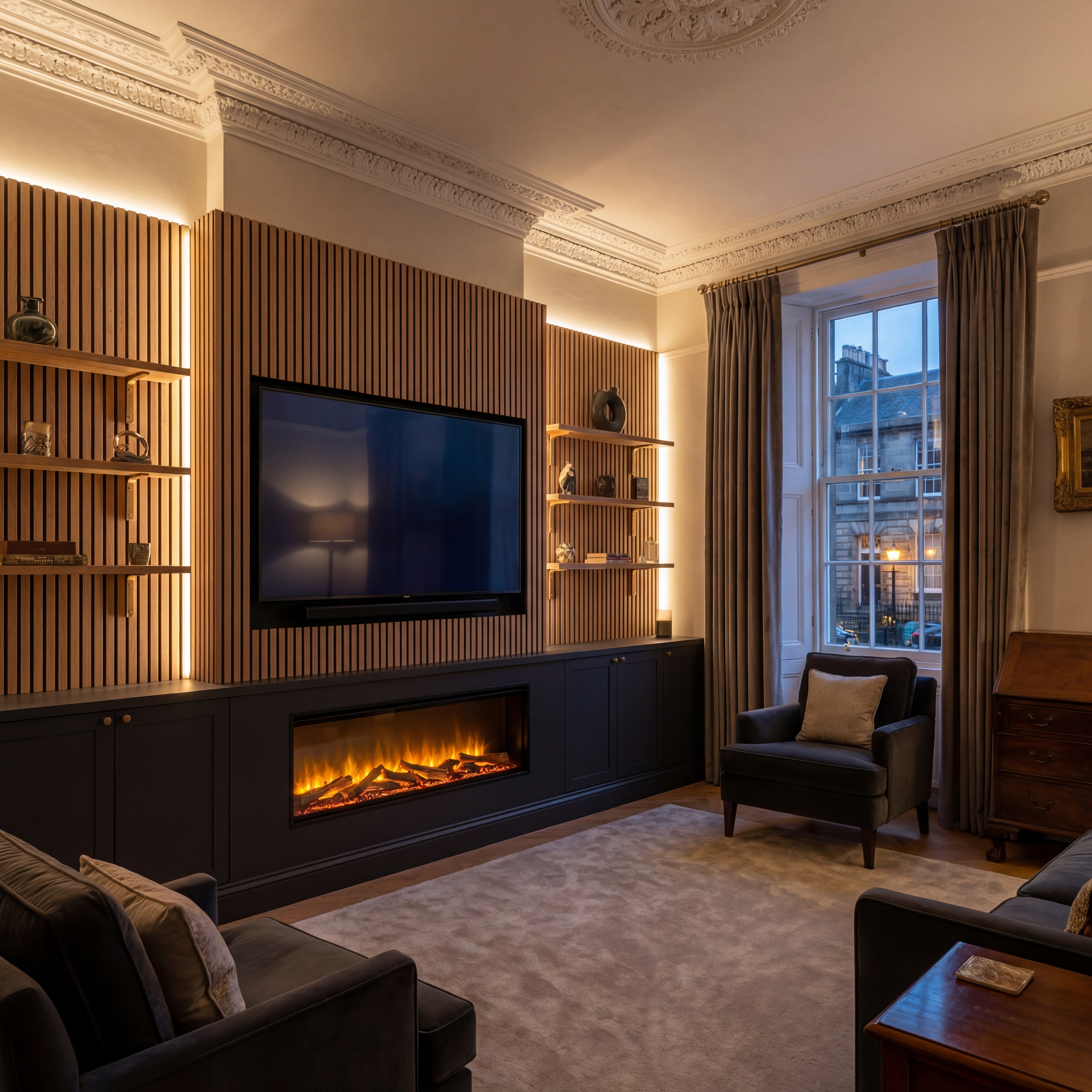 Classic fireplace media wall with display alcoves in Duddingston, Edinburgh