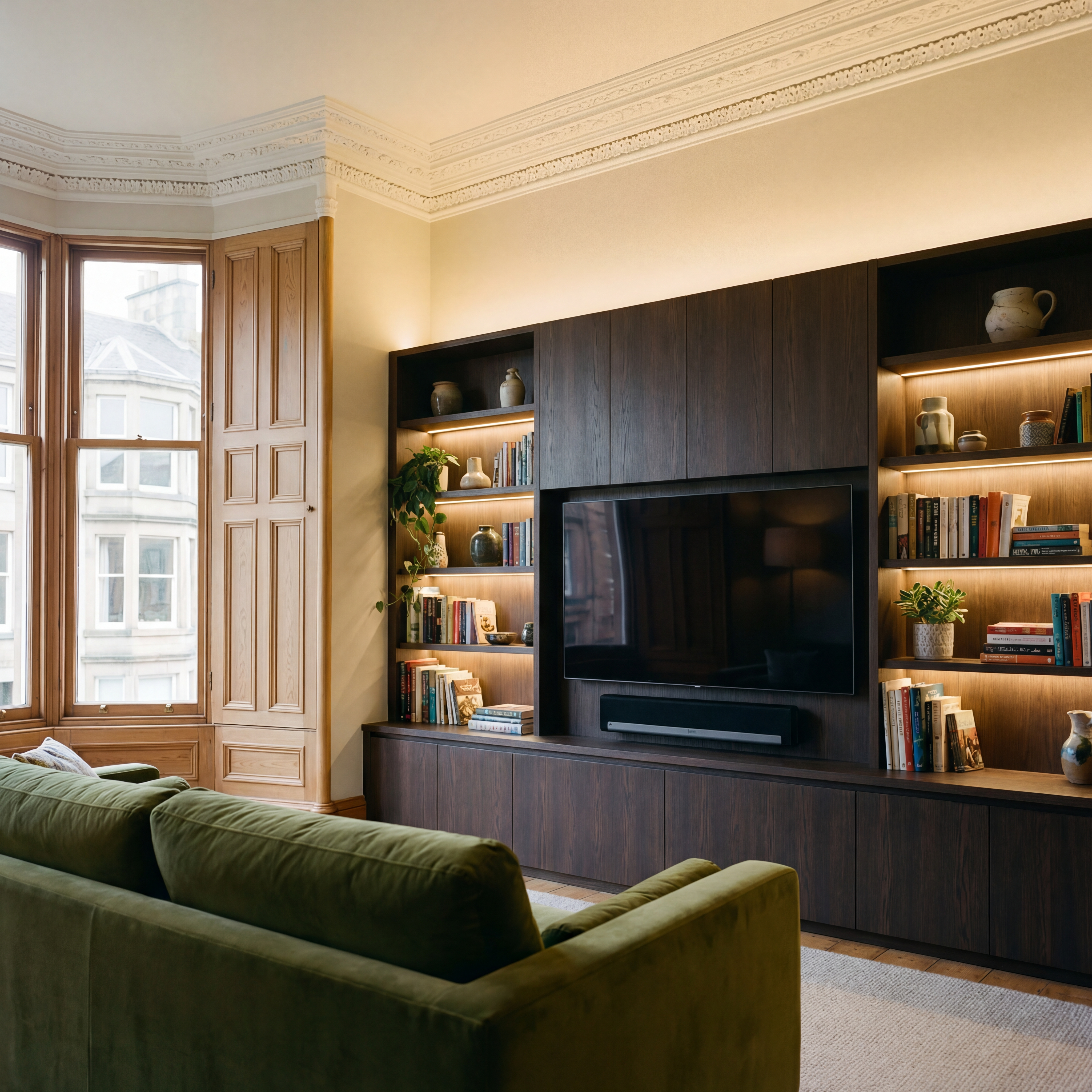 Space-saving essential media wall with LED strips in Gorgie, Edinburgh