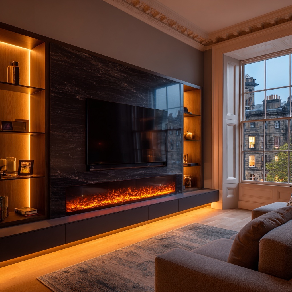 Premium media wall with fireplace in Murrayfield