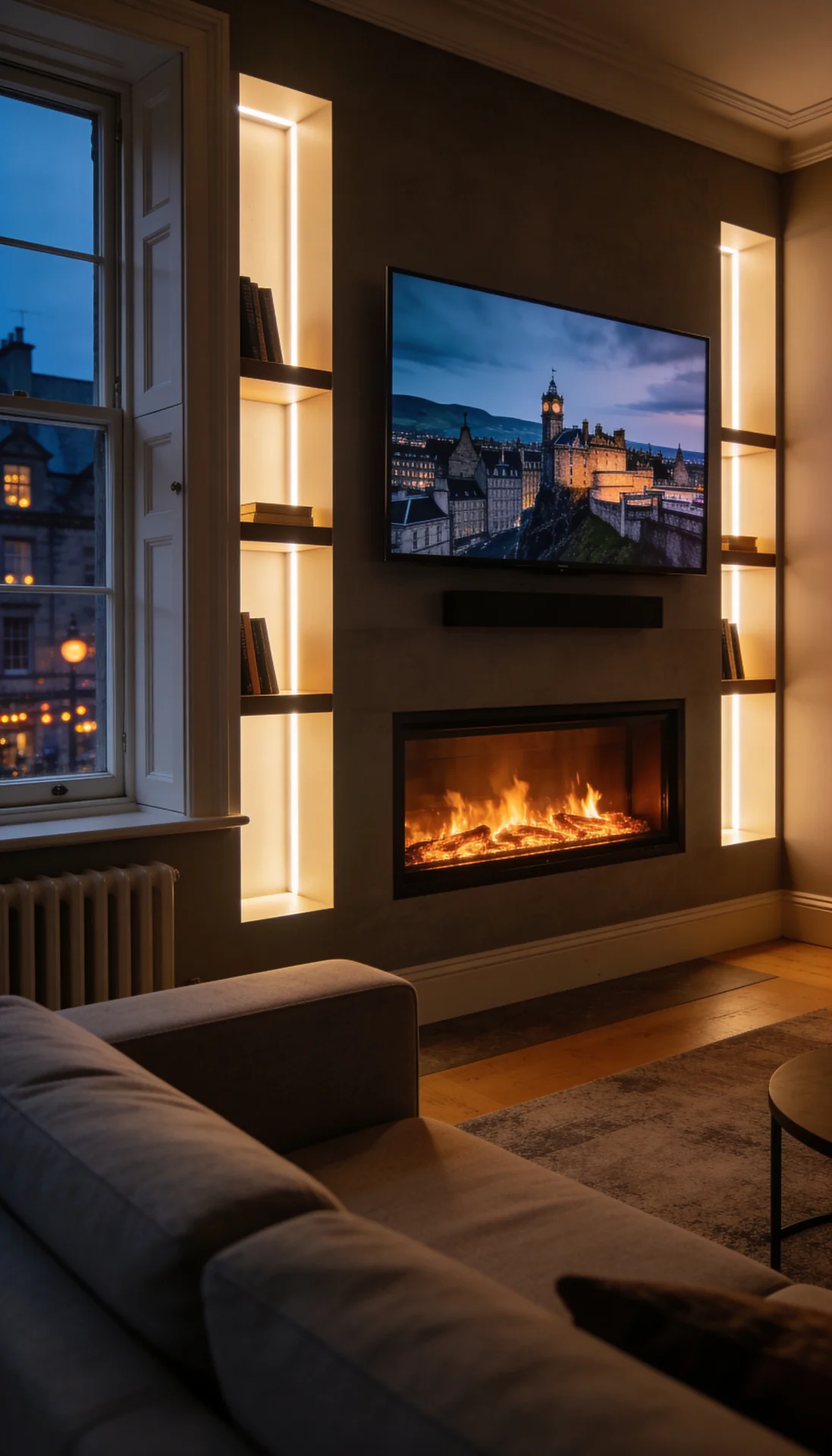Electric fireplace media wall with floating shelves in Morningside