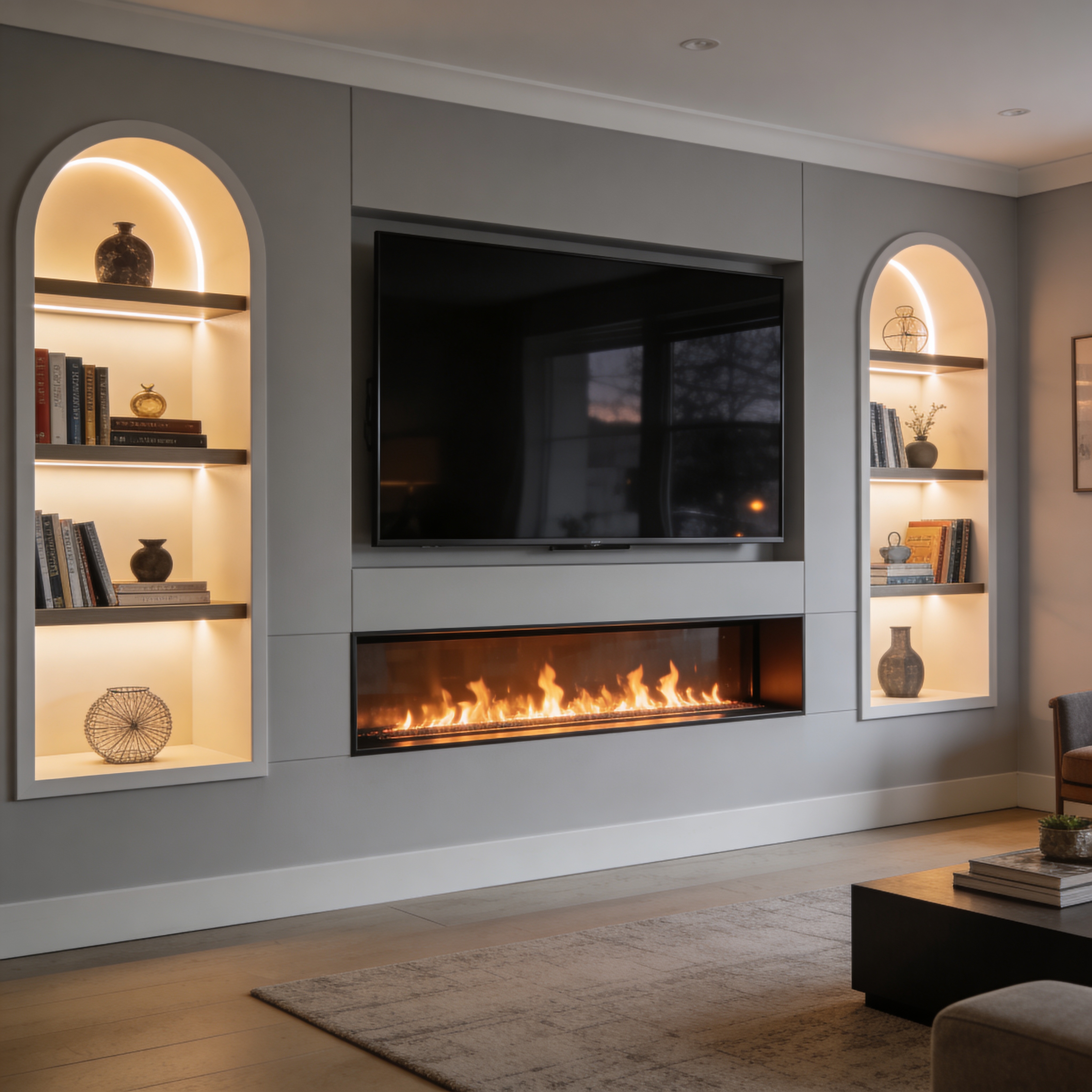 Luxury statement media wall with slat panelling in Stockbridge, Edinburgh