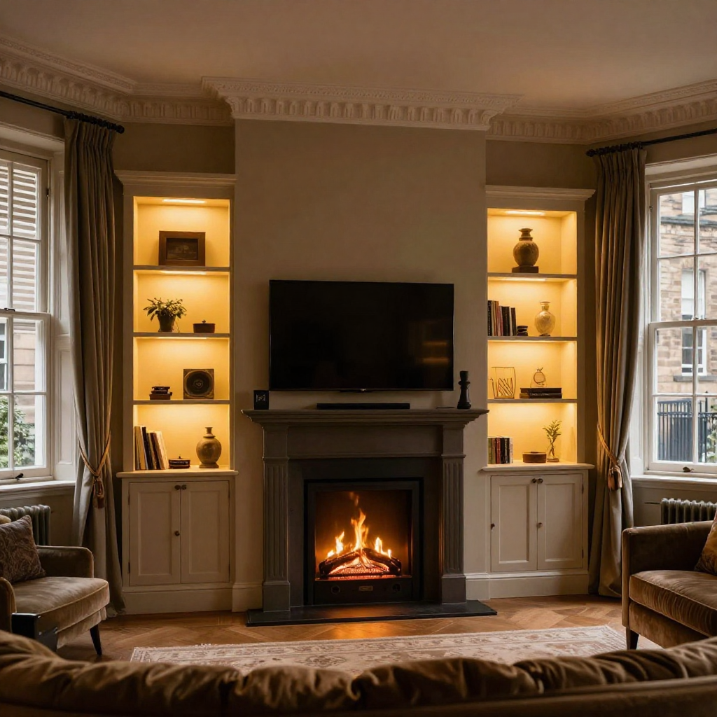 Modern essential media wall with floating shelves in Corstorphine, Edinburgh