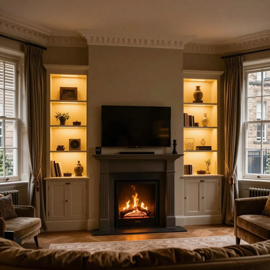 Modern essential media wall with floating shelves in Corstorphine, Edinburgh