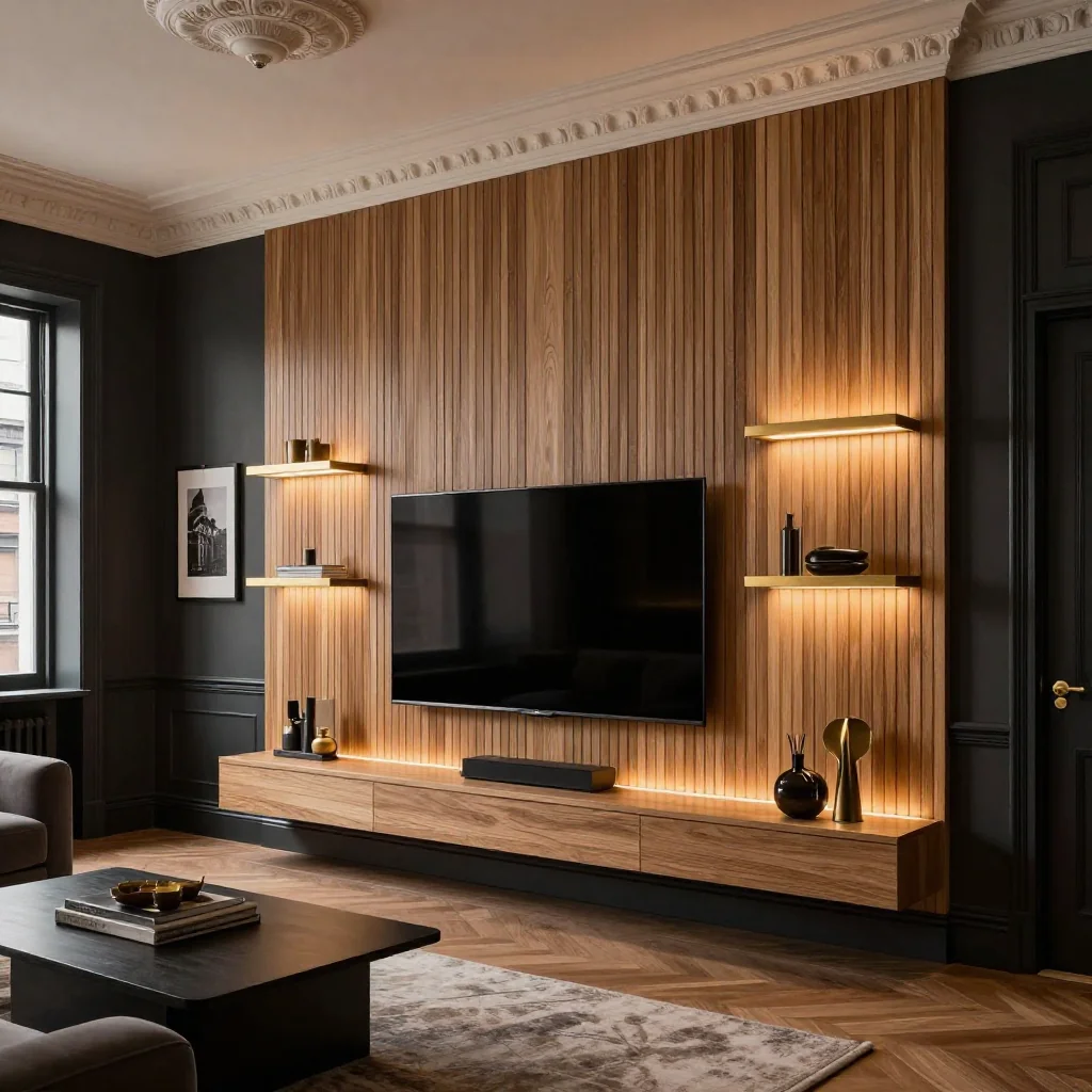 Custom media wall with electric fireplace and alcoves in Bruntsfield