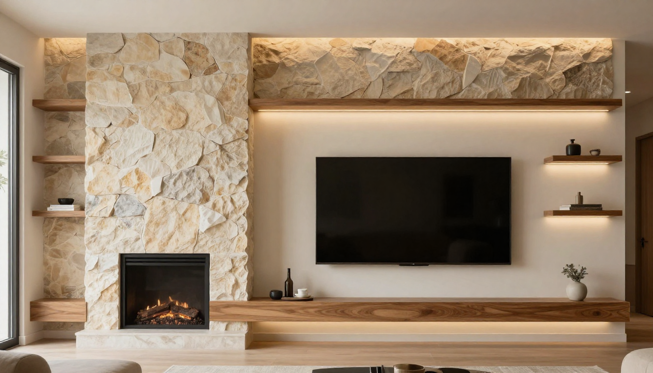 Luxury media wall with stone cladding and integrated soundbar in Inverleith, Edinburgh